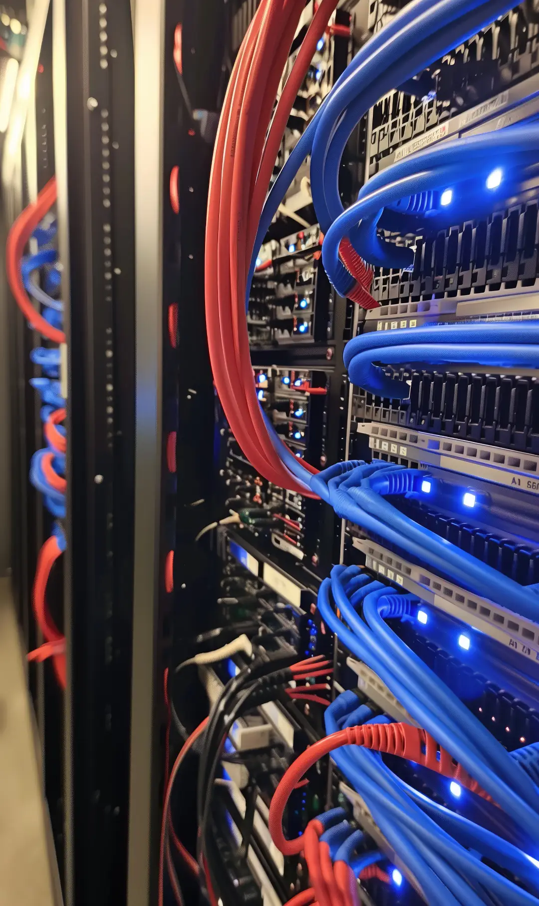 Close-up of red and blue Ethernet cables connected to network switches in a server rack.